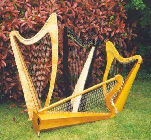 Alison's family of harps circa 2000: Sandpiper Nova, Walter Bresch black 33-string 