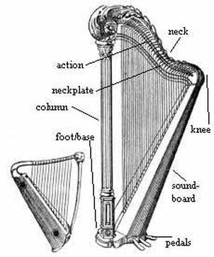 Diagrams of early lyre next to pedal harp